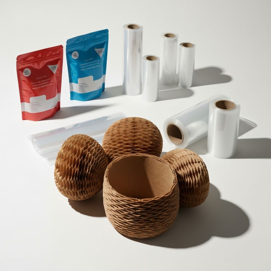 Flexon Pack packaging solutions - stand-up pouches, PE film rolls, laminated films, paper honeycomb wrap, and eco-friendly mailers